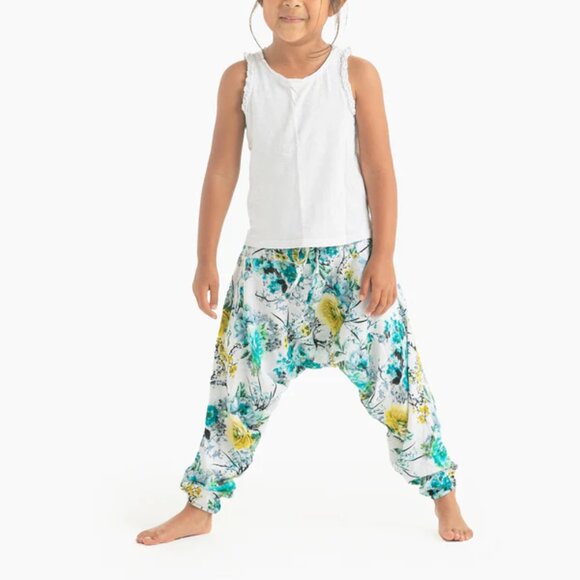 Kids Flower Harem Pant Cotton Unisex Travel Yoga Loungewear Rose Blue - Picture 1 of 6